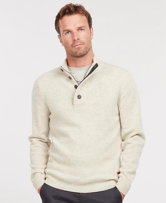 Beige Men's Barbour Essential Patch Half Zip Sweaters | YEVMKB-896