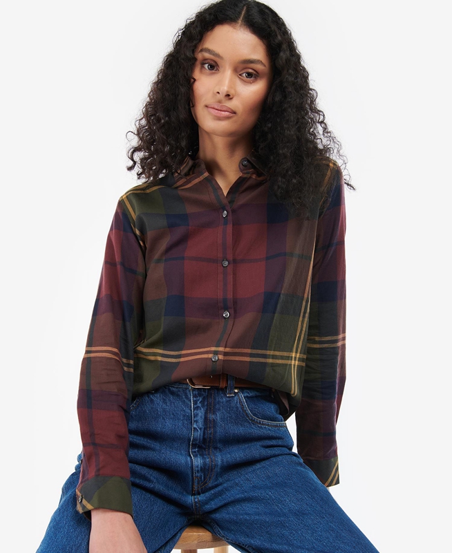 Burgundy Women's Barbour Moorland Shirts | KPALXY-649