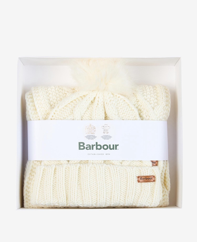 Cream Women's Barbour ridley beanie and scarf Hats | LJVCDH-985