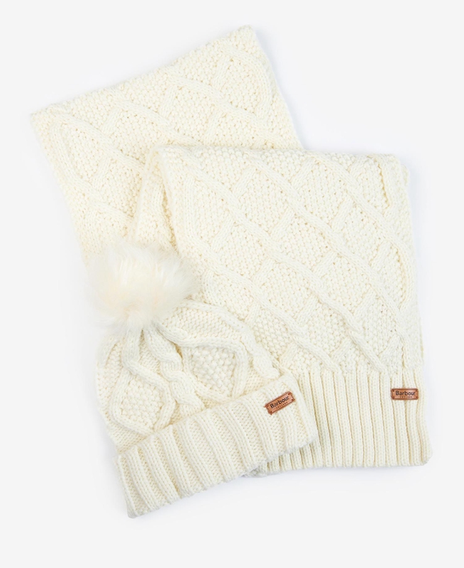 Cream Women\'s Barbour ridley beanie and scarf Hats | LJVCDH-985