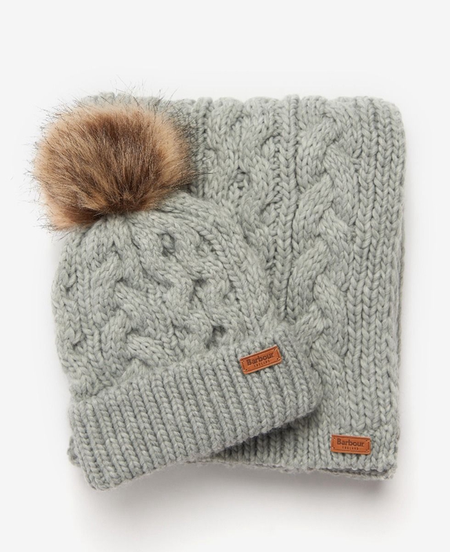 Grey Women's Barbour Penshaw Beanie & Scarf Set Hats | KNCSHM-524