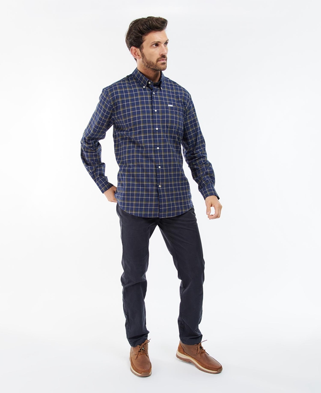 Navy Men's Barbour Pelton Regular Shirts | AYJXWF-503