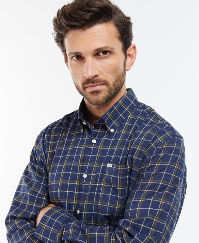 Navy Men's Barbour Pelton Regular Shirts | AYJXWF-503