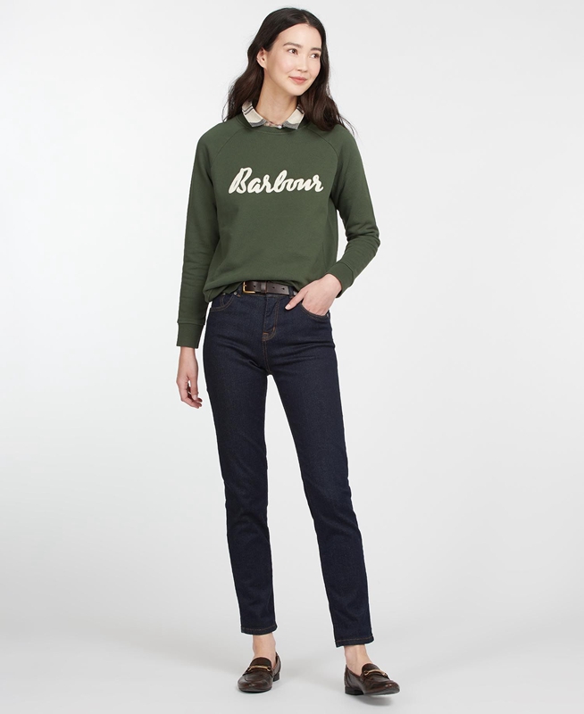 Olive Women's Barbour Sweatshirt Otterburn Sweatshirts | PXHEUW-438