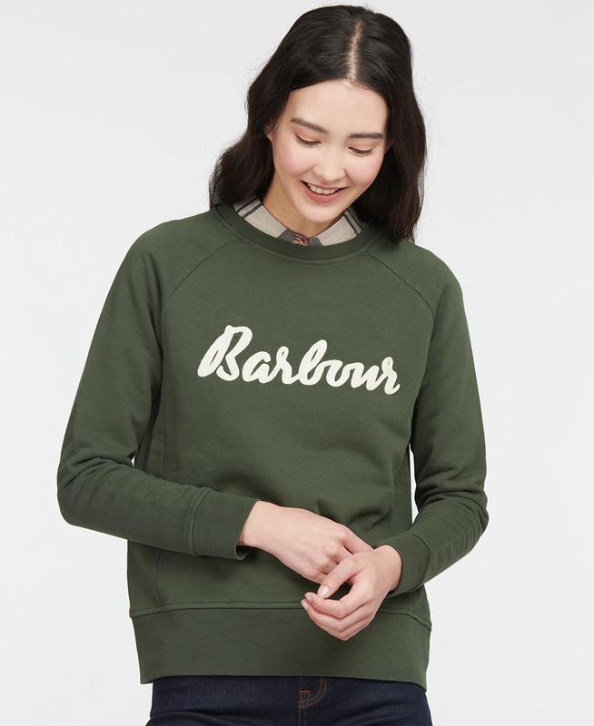 Olive Women's Barbour Sweatshirt Otterburn Sweatshirts | PXHEUW-438